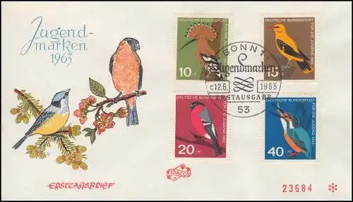 401-404 Einheimische Vögel 1963: Satz komplett auf FIDACOS-FDC ESSt BONN 12.6.63