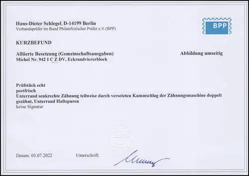 942I C Z DV Messe Leipzig 60 Pf als Eck-Vbl. mit Druckvermerk, verzähnt, **
