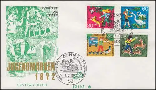 711-714 Jugend 1972 Tierschutz kpl. Satz auf Schmuck-FDC BONN 4.2.1972