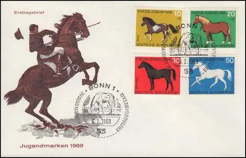 578-581 Jugendmarken 1969 Pferde - Satz auf Schmuck-FDC ESSt Bonn 6.2.1969