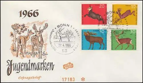 511-514 Jugend 1966 Hochwild - Satz auf Schmuck-FDC ESSt BONN