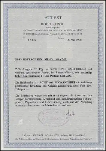 48DIIa Ziffern 20 Pf. Postmeistertrennung, ** Foto-Attest Ströh BPP 