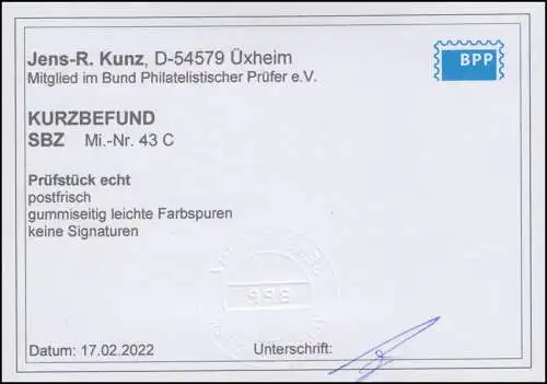 SBZ 43C Ziffer 6 Pf, schwarzblaugrün, Versuchszähnung, Befund Kunz BPP **