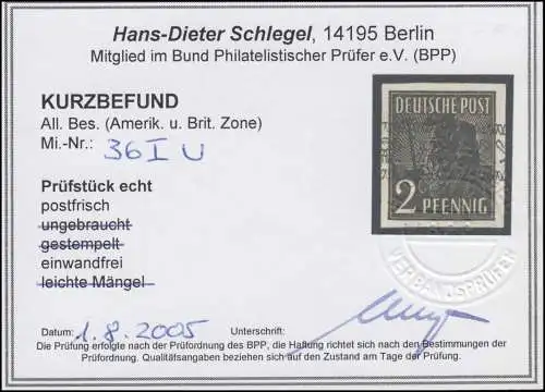 36IU Bandaufdruck 2 Pf. ungezähnt, postfrisch ** Befund Schlegel BPP
