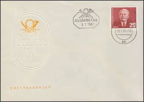 807 Wilhelm Pieck 1961 - Marke auf Schmuck-FDC ET-O BERLIN W8 - 3.1.61