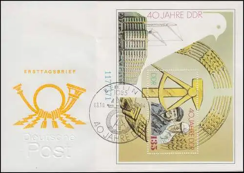 Block 100 Jahrestag 40 Jahre DDR 1989 auf Blanco-FDC ESSt BERLIN 3.10.1989 