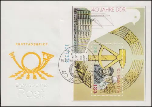 Block 100 Jahrestag 40 Jahre DDR 1989 auf Blanco-FDC ESSt BERLIN 3.10.1989 
