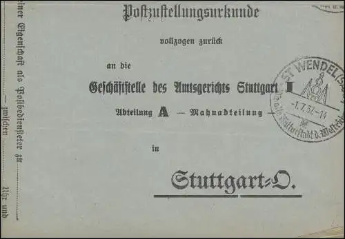 Postzustellungsurkunde mit SSt WENDEL Die alte Kulturstadt des Westrichs 1.7.37