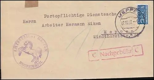 Portopflichtige Dienstsache mit Notopfer Amtsgericht MEPPEN 7.10.53 als Ort-Bf.