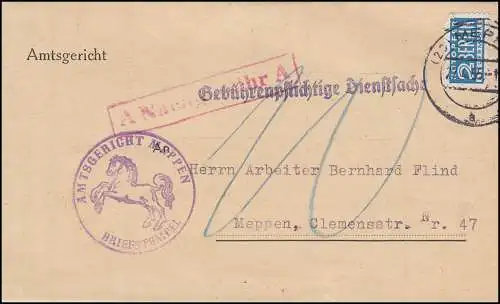 Gebührenpflichtige Dienstsache mit Notopfer Orts-Bf. Amtsgericht MEPPEN 27.4.55