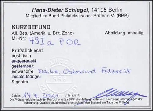 49I P OR ndgz Band 60 Pf. Plattendruck, Oberrand nicht durchgezähnt, gpr. BPP
