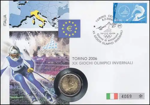 Numisbrief Torino 2006 Italien, Münze 2 Euro SST 2006