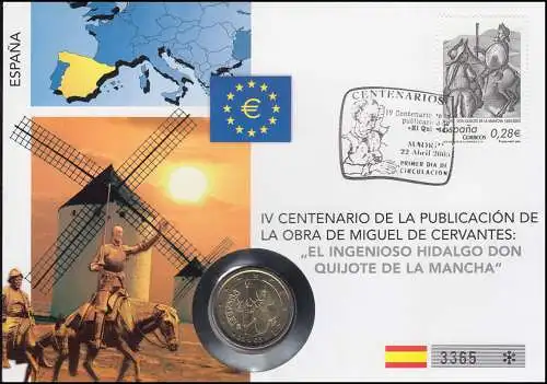 Numisbrief Don Quijote Spanien, Münze 2 Euro SST 2005