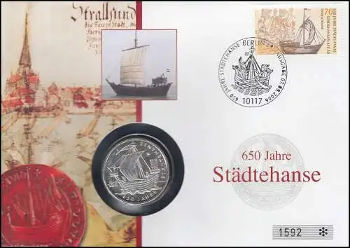 Numisbrief 650 Jahre Städtehanse, Münze 10 Euro Silber und Marke ESST 7.9.2006