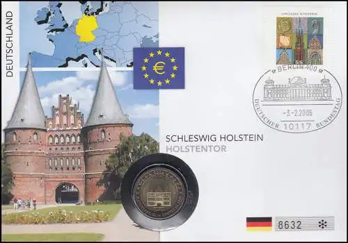 Numisbrief Holstentor Schleswig Holstein, Münze 2 Euro 3.2.2006