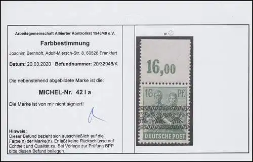 42Ia POR dgz Bandaufdruck 16 Pf. Plattendruck durchgezähnter Oberrand, **
