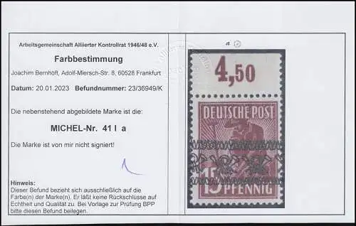 41Ia POR dgz Bandaufdruck 15 Pf. Plattendruck durchgezähnter Oberrand, **