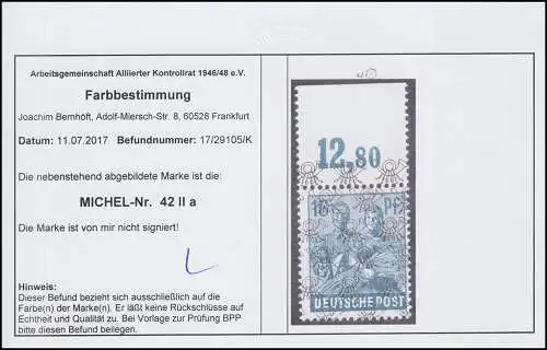 42IIa POR dgz Netzaufdruck 16 Pf. Plattendruck durchgezähnter Oberrand, **