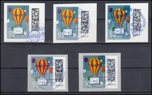 3873 Welt der Briefe 95 C. Ballonpost, selbstklebend, Varianten-Set 5 Marken O