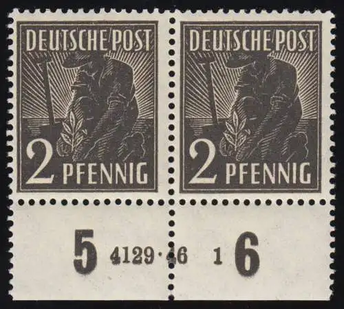 943 Kontrollrat II 2 Pf Unterrandpaar mit HAN 4129.46 1 ungefaltet postfrisch **