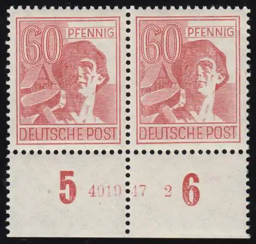 956HAN Kontrollrat II 60 Pf Unterrandpaar mit HAN 4019.47 2, ungefaltet, **