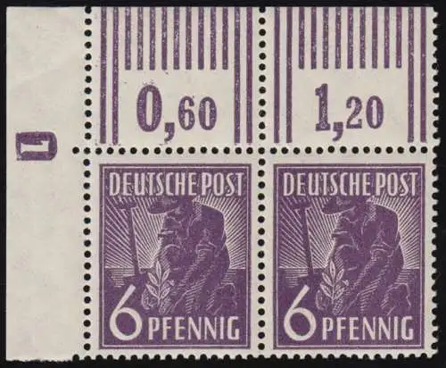 944 DZ Arbeiter 6 Pf. Ecke oben links Druckerzeichen oben 1 neg., postfrisch **