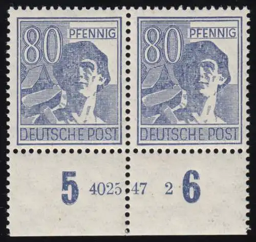 957HAN Kontrollrat II 80 Pf Unterrandpaar mit HAN 4025.47 2, ungefaltet, **