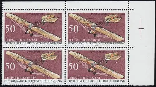 1523P Luftpost 50 Pf Probedruck lilabraun - Eck-Viererblock oben rechts, **
