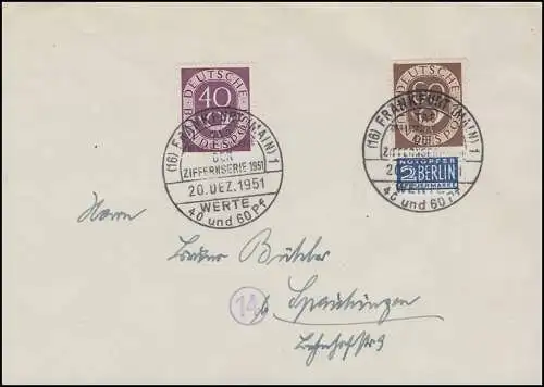 133 / 135 Posthorn 40 Pf und 60 Pf auf echt gelaufenem FDC mit ESST 20.12.1951