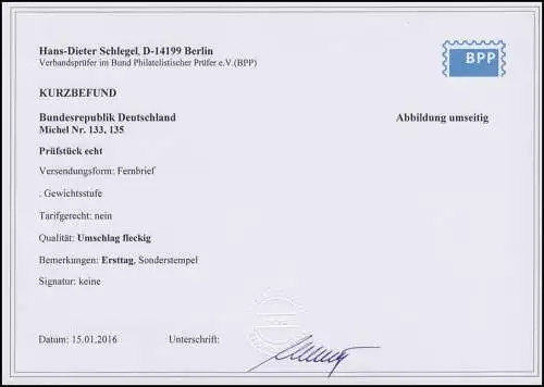 133 / 135 Posthorn 40 Pf und 60 Pf auf echt gelaufenem FDC mit ESST 20.12.1951