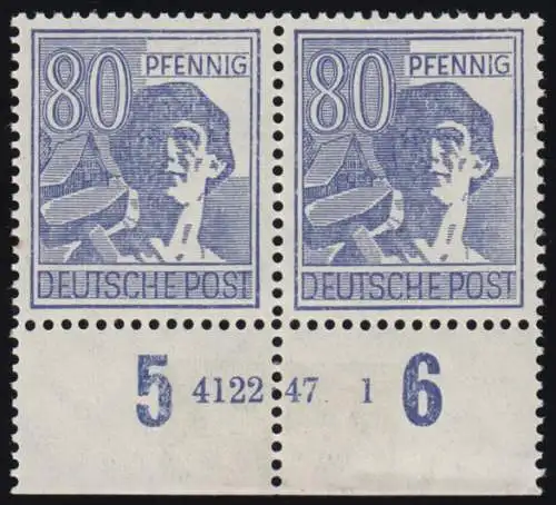 957HAN Kontrollrat II 80 Pf Unterrandpaar mit HAN 4122.47 1, ungefaltet, **