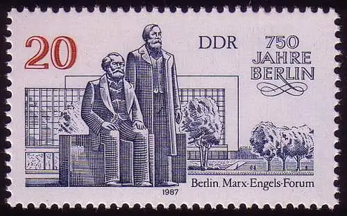 3077 Berlin 20 Pf Marx-Engels-Forum aus Kleinbogen, postfrisch **