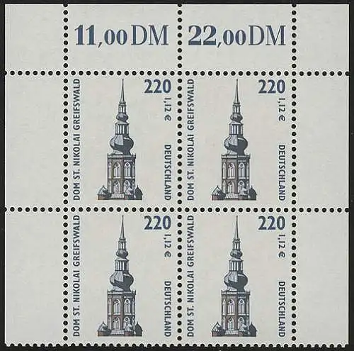 2157 SWK 220 Pf/1,12 Euro OR-Viererbl. ** postfrisch