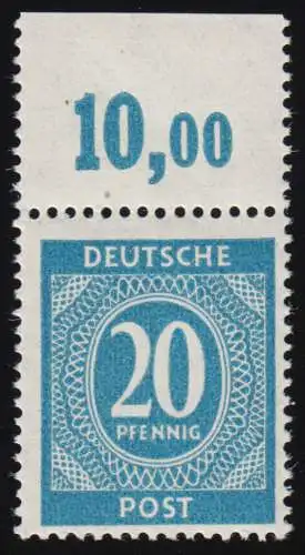 924 PORdgz, Ziffern 20 Pf. Plattendruck durchgezähnter Oberrand, ungefaltet, **