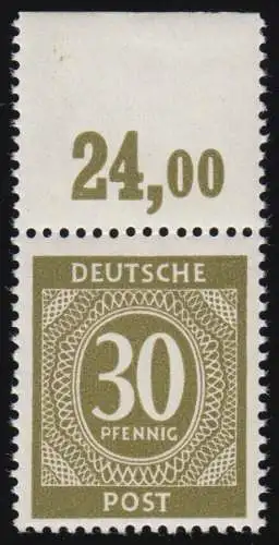 928 PORdgz, Ziffern 30 Pf. Plattendruck Oberrand durchgezähnt, ungefaltet, **