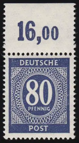 935 PORdgz, Ziffern 80 Pf. Plattendruck Oberrand durchgezähnt, ungefaltet, **