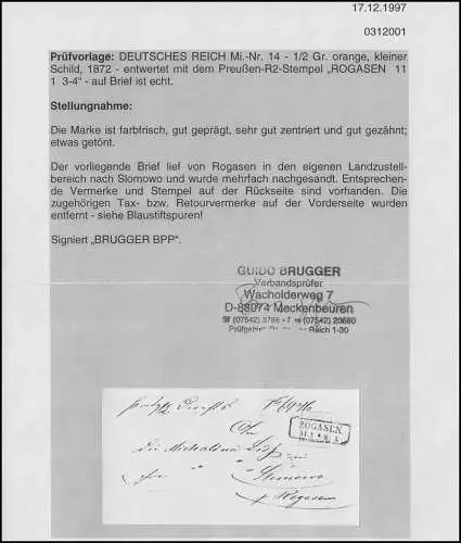 14 Brustschild ½ Groschen EF Faltbrief ROGASEN nach Slomowo, gepr. Brugger BPP