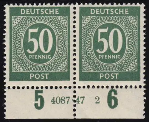 932a Ziffer 50 Pf als Unterrand-Paar mit HAN 4087.47 2, angetrennt postfrisch **