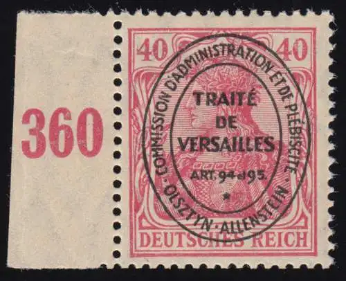Allenstein I Oval-Aufdruck Germania 40 Pf karminrot, postfrisch ** signiert