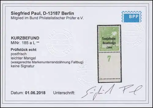 SBZ 185 aL SBZ-Aufdruck 10 Pf. Arbeiter, Leerfeld unten, ** Befund Paul BPP