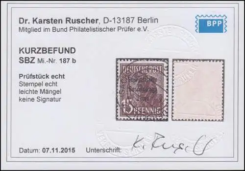 SBZ 187b SBZ-Aufdruck 15 Pf. Arbeiter, seltene Farbe gestempelt O Befund BPP