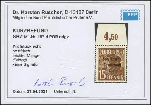 SBZ 187dPORndgz SBZ-Aufdruck 15 Pf. Arbeiter, Oberrand postfrisch ** Befund BPP
