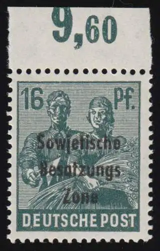 SBZ 188bPORndgz SBZ-Aufdruck 16 Pf. Arbeiter, Oberrand postfrisch ** geprüft BPP