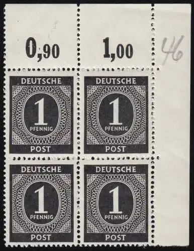 911 PORdgz, Ziffern 1 Pf. Plattendruck Eck-Vbl. durchgezähnt, ungefaltet, **