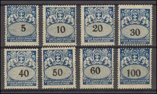 Danzig Portomarken P 30-37 Großes Staatswappen 1923, 8 Werte kpl. postfrisch **