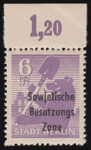 SBZ 201A wb x OR 6 Pf mit Aufdruck, Papier wb Oberrand ndgz, ** geprüft BPP