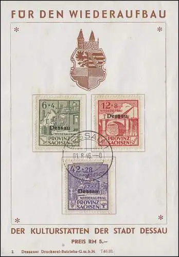 Dessau I-III Wiederaufbau, 3 Werte komplett, Satz auf 2. Spendenkarte 1.8.1946