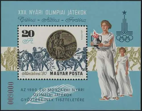 Ungarn Block 145I Olympische Spiele Moskau mit Textaufdruck, postfrisch **