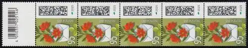 3898 Blumenbrief 95 C. aus 200er, 5er-Streifen mit GROSSEM CF, **