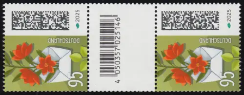 3898 Blumenbrief 95 C. aus 200er, Paar mit Nr., GROSSEM CF, ohne Nr **